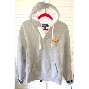 Ralph Lauren Vintage Hoodie gray with blue stripes on sleeve cuffs Men’s small